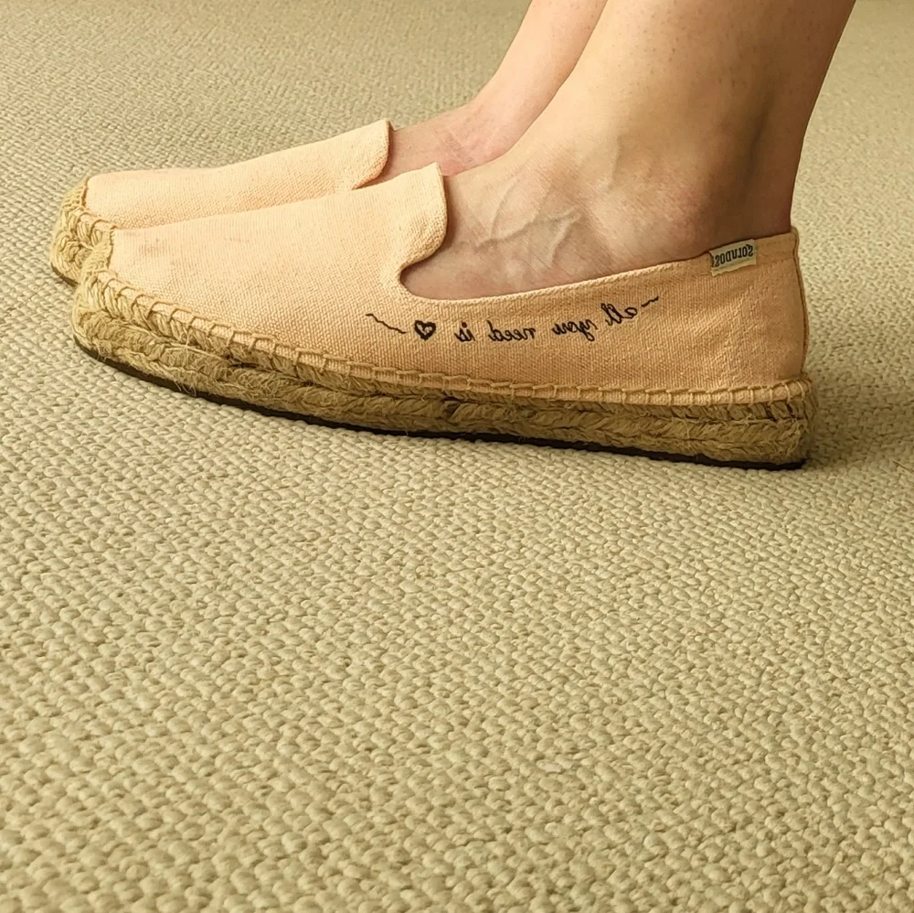 Soludos Pink Canvas Slip-On Espadrilles with Script Detail